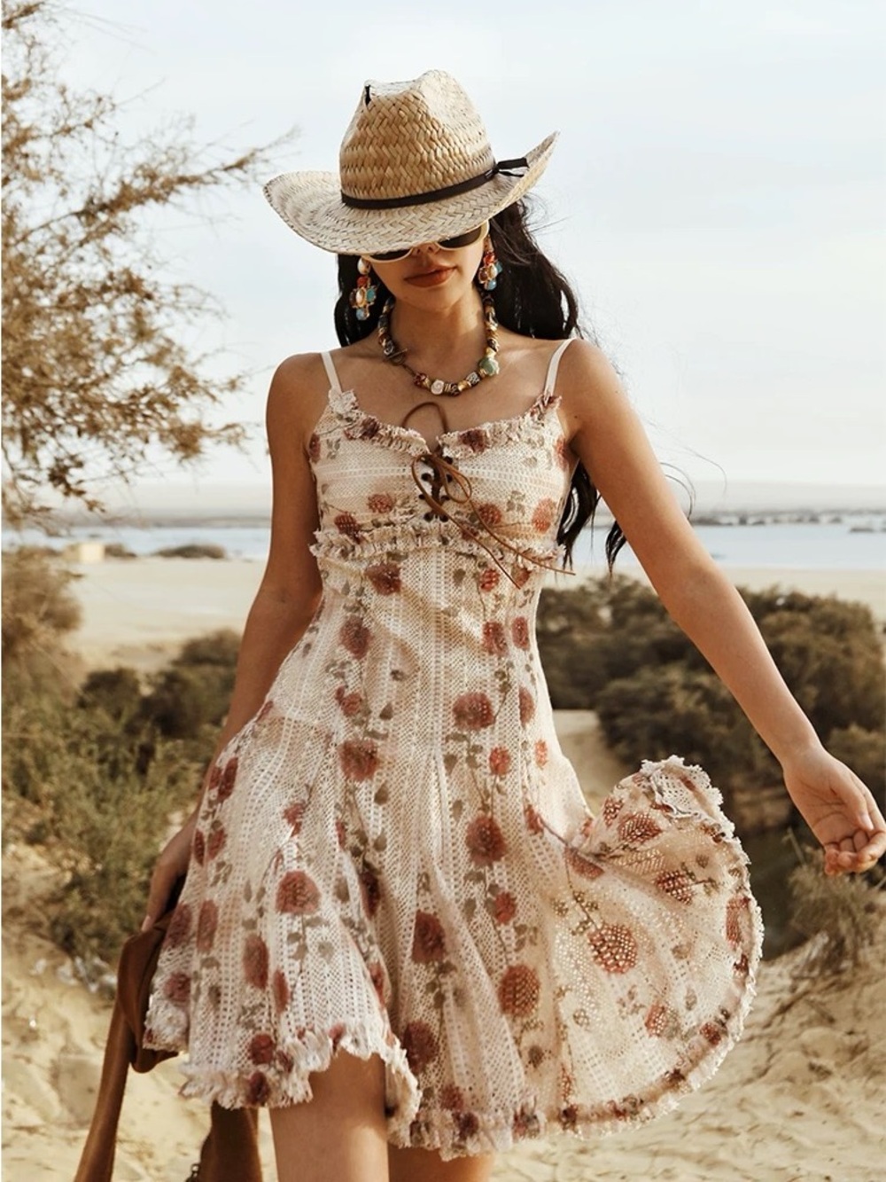 Rose Floral Print Lace Slip Dress Boho French Ruffle Mini Dress Size M